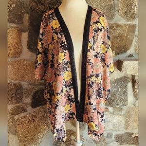 Maurices Kimono Black Floral Print Open Front Duster Cardigan, One Size
